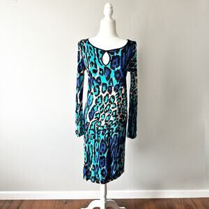 Flower by Flora Kung Silk Blue Leopard Long Sleeve Dress women’s size small